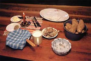 Home cooked meal Meals were prepared from food grown on the farm. Cooking was done over a wood cookstove.